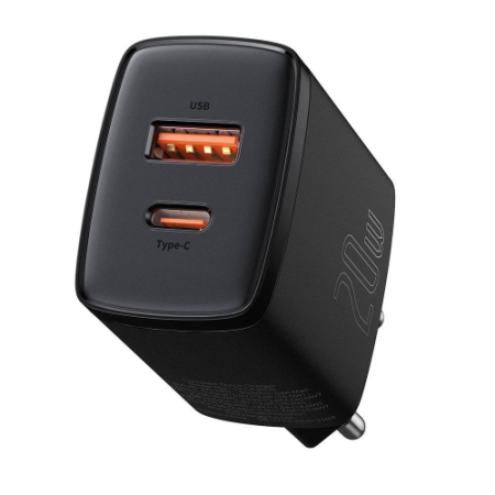 Basues Compact CCXJ-B01 Black - szybka ładowarka sieciowa, czarna (20W, 1x USB-C, 1x USB-A)